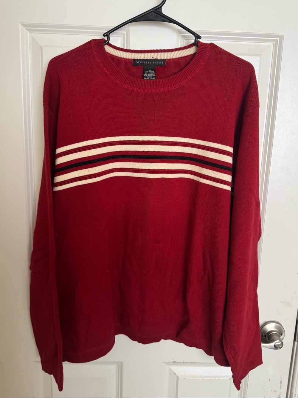 Geoffrey Beene Red Crewneck Sweater with Cream and Black Stripes